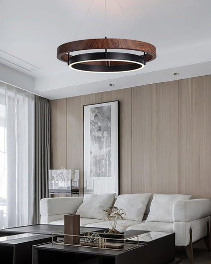 Dual-Ring LED Overhead Fixture Walnut & Black Finish Contemporary Dining Room Suspended Lighting 24-40 Inch Ceiling Mount