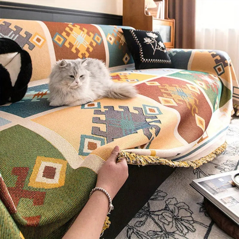 Grove Tribal Sofa Cover - Kilim Patchwork Throw, Anti-Slip Design