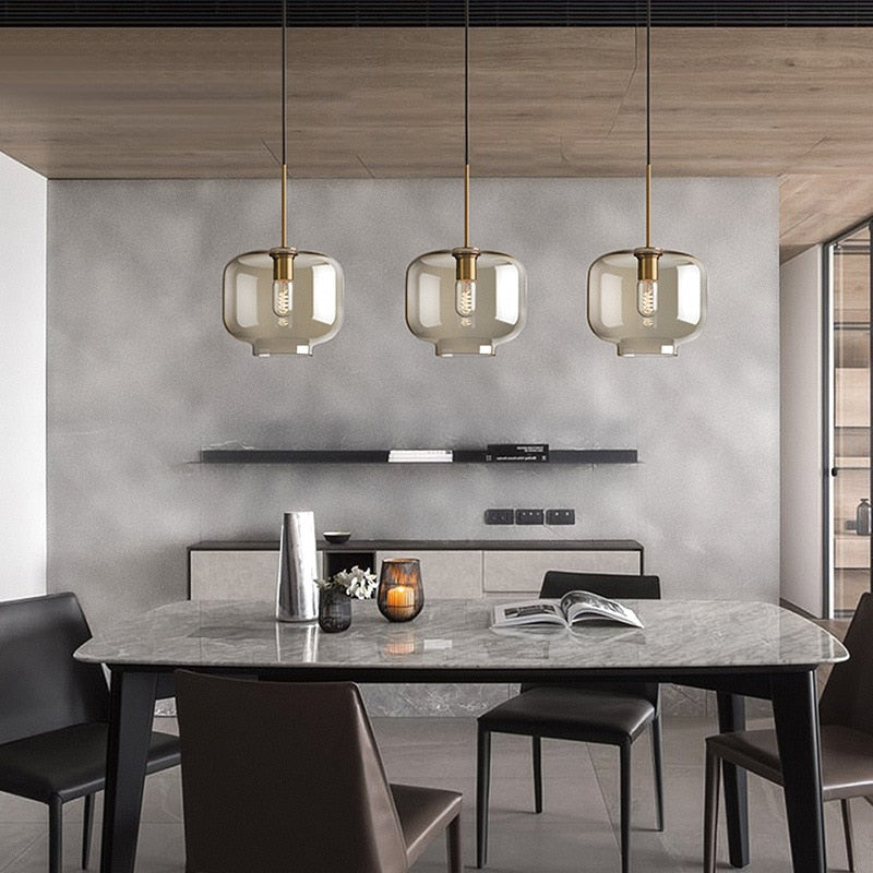 Amber Glass Pendant Light Fixture with Adjustable Cable for Kitchen Island Dining Room Bedroom Modern Hanging Ceiling Lamp Iron Frame