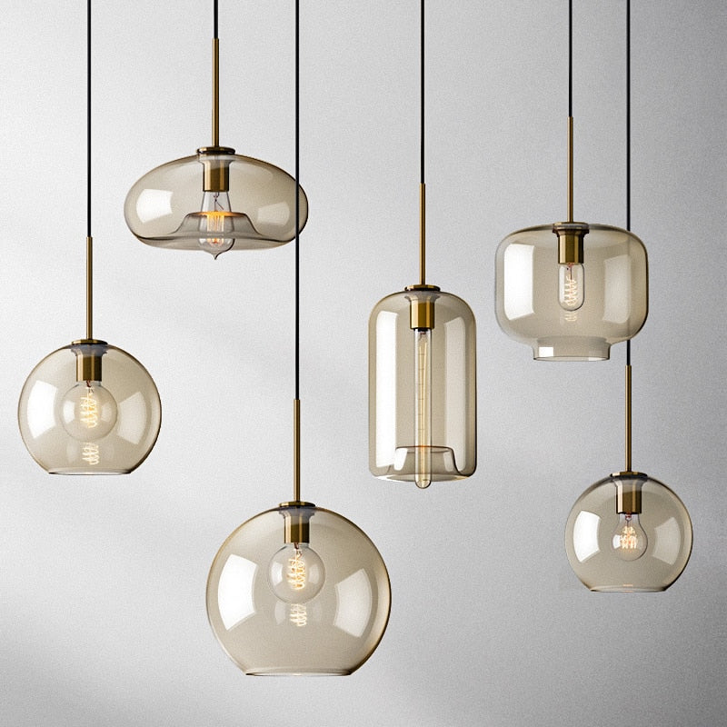 Amber Glass Pendant Light Fixture with Adjustable Cable for Kitchen Island Dining Room Bedroom Modern Hanging Ceiling Lamp Iron Frame