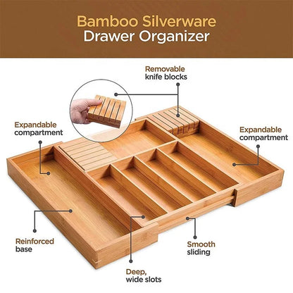 Bamboo Drawer Organizer Expandable, Kitchen Drawer Organizer for Utensils, Adjustable Utensil Organizer Cutlery Tray