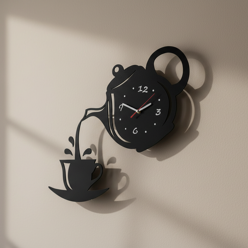 Marova Teapot Wall Clock - 3D Mirrored Acrylic, Silent Quartz Design