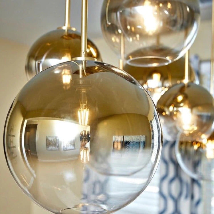 Glass Globe Pendant Light | Single Bulb Hanging Fixture with Brass & Metal Finish | Adjustable Cord Height | 8-12 Inch Diameter | E26