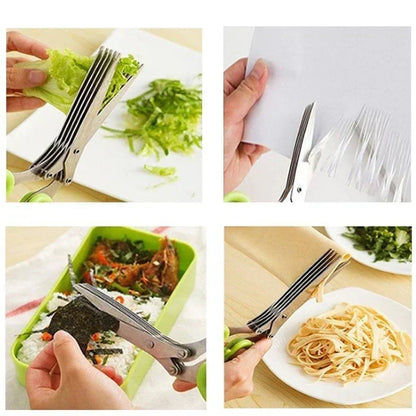 Multi-Blade Herb Shears Stainless Steel with Cleaning Comb for Lettuce Basil Parsley Chives | Kitchen Tool Food Prep Gadget Veggie Chopper
