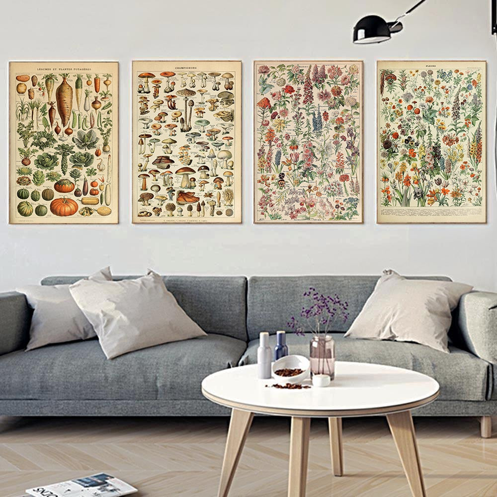 Framed Nature Illustration Canvas Prints – Classic Plant & Flower Wall Art for Living Room, Bedroom, Home Office Décor