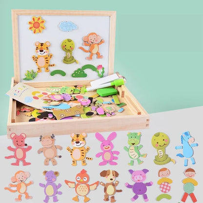 Double-Sided Wooden Drawing & Puzzle Board for Kids – Magnetic Pieces, Dry-Erase & Chalkboard, Travel Storage Case
