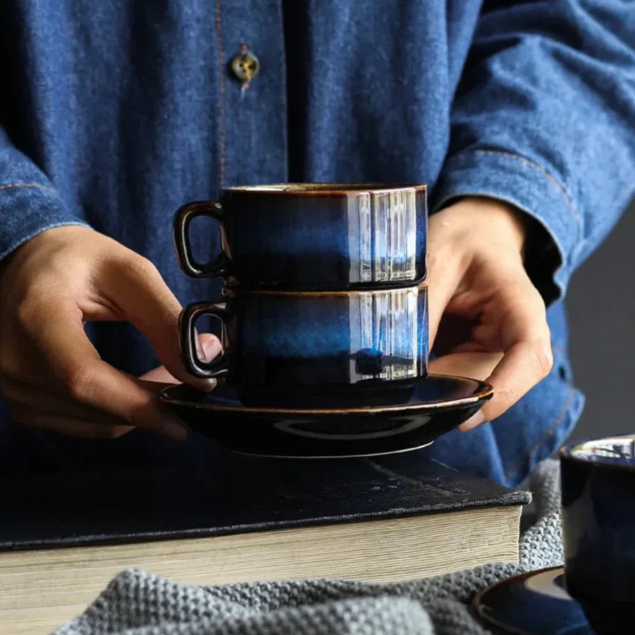 Bone China Coffee and Espresso Cup with Saucer Set - Deep Blue Ceramic Drinkware for Tea, Coffee, and Hot Beverages - Elegant Mug and Plate
