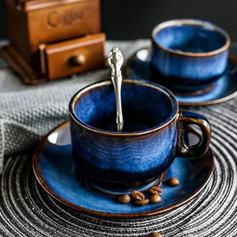 Bone China Coffee and Espresso Cup with Saucer Set - Deep Blue Ceramic Drinkware for Tea, Coffee, and Hot Beverages - Elegant Mug and Plate