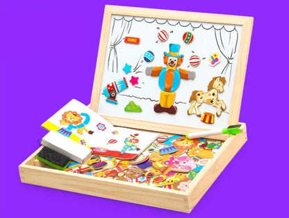 Double-Sided Wooden Drawing & Puzzle Board for Kids – Magnetic Pieces, Dry-Erase & Chalkboard, Travel Storage Case