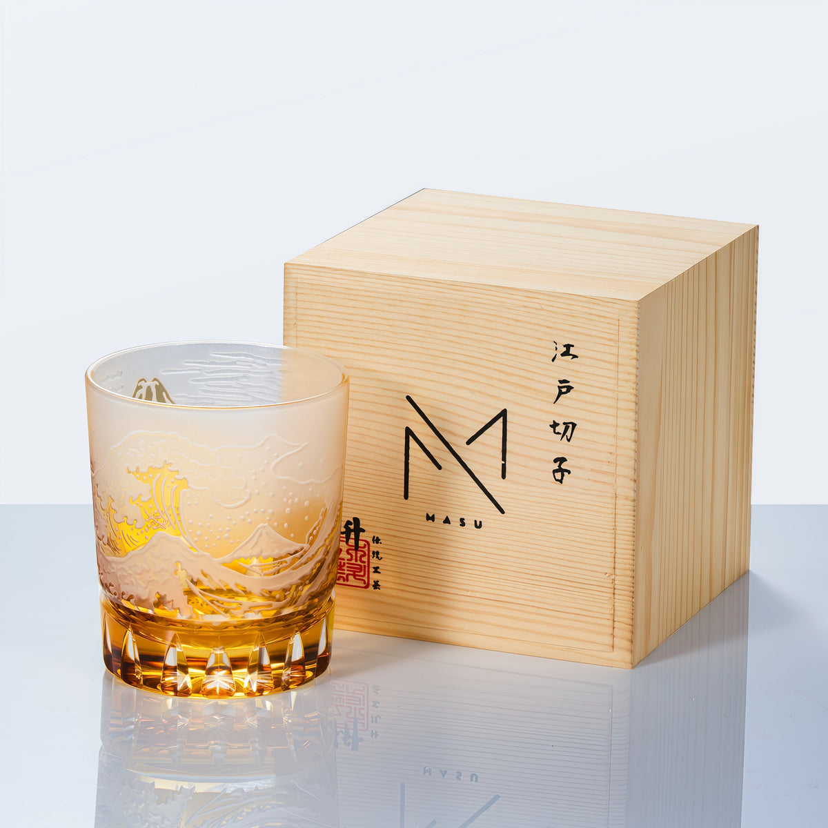 Japanese Wave Crystal Whisky Glass with Mt. Fuji Engraving in Golden or Blue Finish, Handcut Tumbler in Wooden Gift Box for Spirits and Bour