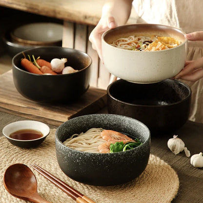 Handcrafted Ceramic Soup Bowl Set of 4 with Spoon and Chopsticks for Ramen Noodles Salad Stew Kitchen Dining Table Dishwasher Safe