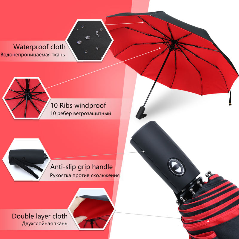 Reverse-Close Inverted Umbrella with Auto-Open Button – Wind-Resistant Double-Layer Canopy for Storm Protection – Hands-Free C-Handle