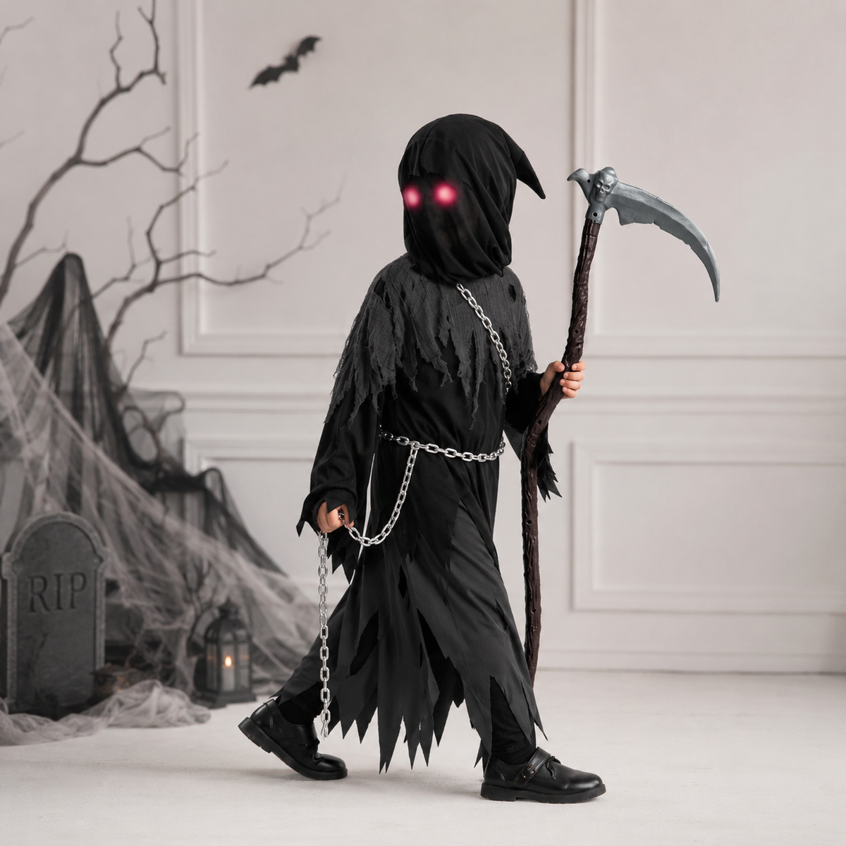 Spooky Costume Collection | Grim Reaper Hooded Robe Set with Glowing Eyes | Perfect for Halloween Fun