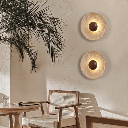 Natural Stone Sconce with Wood Backing 10-Inch Round Ambient Light Fixture for Bedroom Entryway Den
