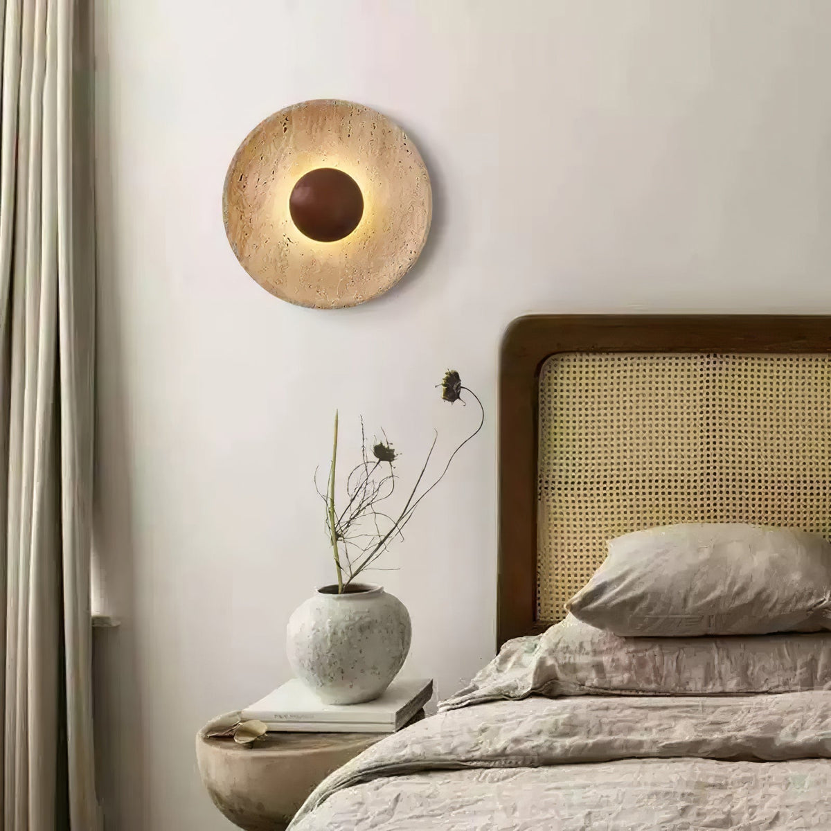 Natural Stone Sconce with Wood Backing 10-Inch Round Ambient Light Fixture for Bedroom Entryway Den