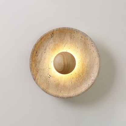 Round Stone & Wood Sconce – Ambient Wall Lighting for Bedroom, Entryway & Lounge – Natural Texture Fixture with Gentle Diffused Glow – Moder