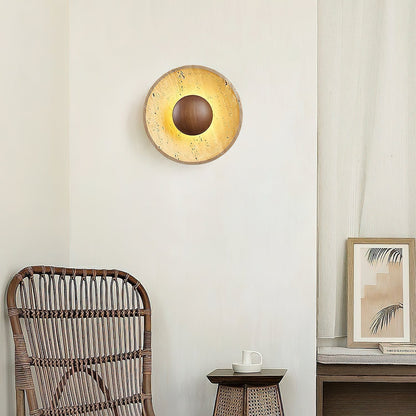 Travertine Sun Wall Sconce with Wood Sphere – Sculptural Halo Accent Light for Modern Living Room & Bedroom