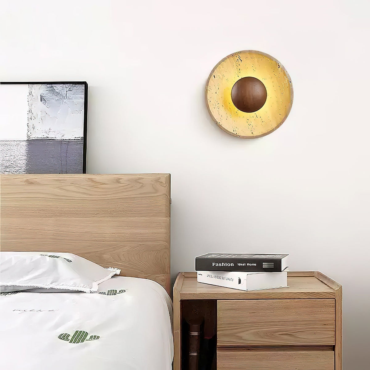 Natural Stone Sconce with Wood Backing 10-Inch Round Ambient Light Fixture for Bedroom Entryway Den