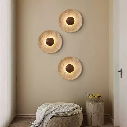 Travertine Sun Wall Sconce with Wood Sphere – Sculptural Halo Accent Light for Modern Living Room & Bedroom