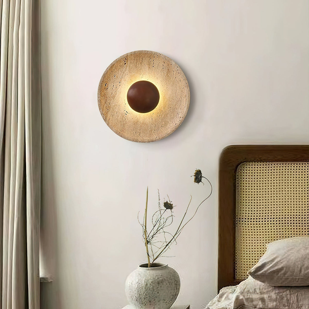 Natural Stone Sconce with Wood Backing 10-Inch Round Ambient Light Fixture for Bedroom Entryway Den