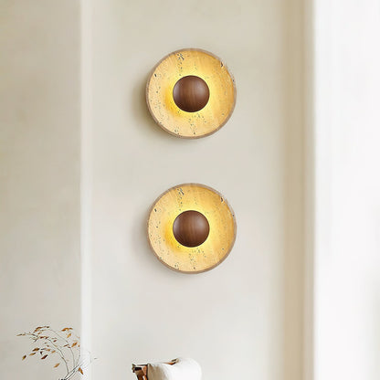 Natural Stone Sconce with Wood Backing 10-Inch Round Ambient Light Fixture for Bedroom Entryway Den