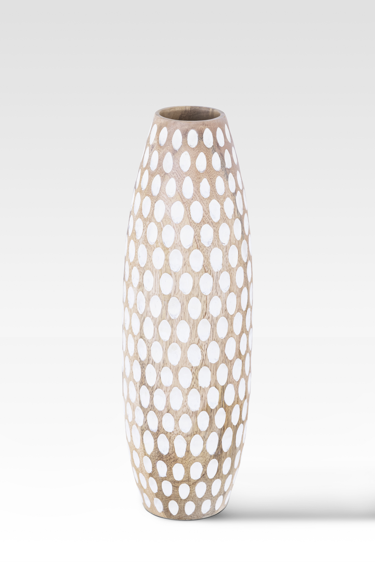 Hand-Carved Wooden Vase with White Dot Pattern – Rustic Home Decor for Floral Arrangements