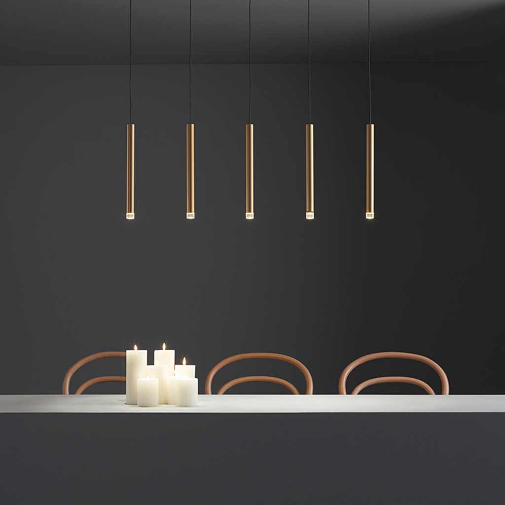Slim Gold Tube LED Ceiling Light for Kitchen Island & Dining Room – Adjustable Drop Height, 1-5 Heads, Modern Minimalist Design