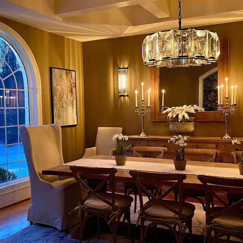 19-Inch Round Crystal Chandelier with Faceted Glass Prisms for Dining Room & Living Room