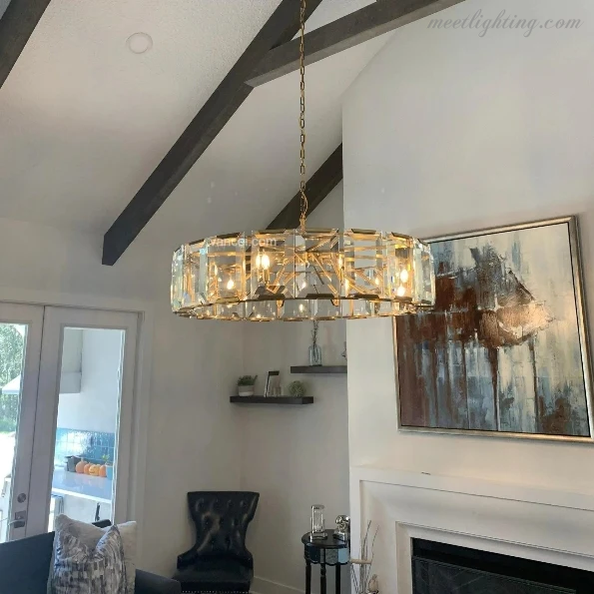 19-Inch Round Crystal Chandelier with Faceted Glass Prisms for Dining Room & Living Room