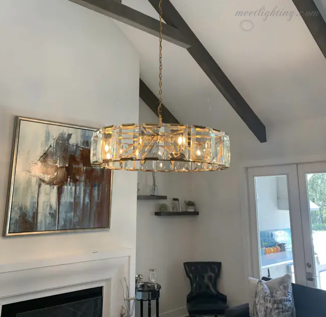 Crystal Prism Ring Chandelier 59-Inch 14-Light Statement Fixture for Dining Room Living Room Foyer Adjustable Height Brass Black Steel