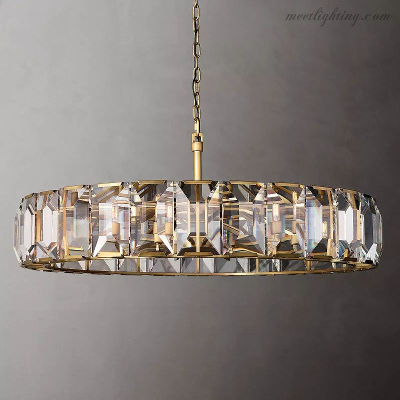 Crystal Prism Ring Chandelier 59-Inch 14-Light Statement Fixture for Dining Room Living Room Foyer Adjustable Height Brass Black Steel