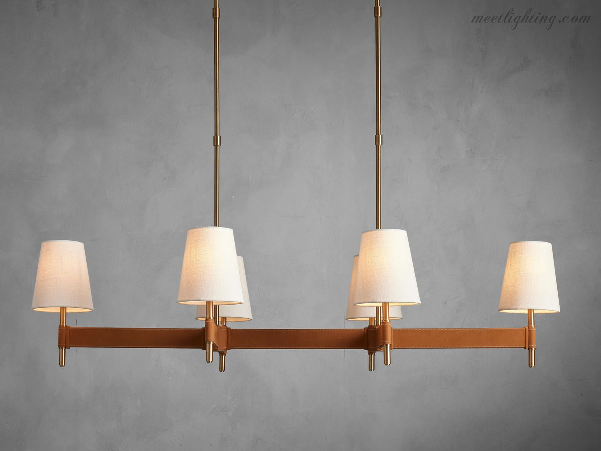 Linear Chandelier 6-10 Lights Antiqued Brass Leather Accent White Linen Shade Adjustable Height Dining Room Kitchen Island