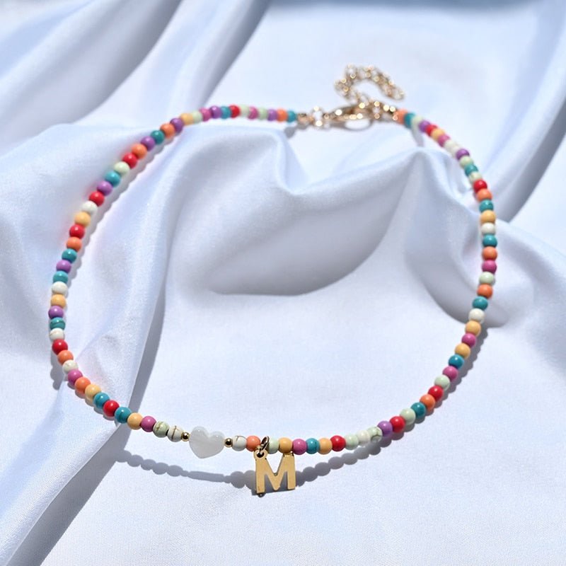 Colorful Beaded Initial Necklace with Heart Charm – Personalized Letter Pendant Jewelry for Women & Girls