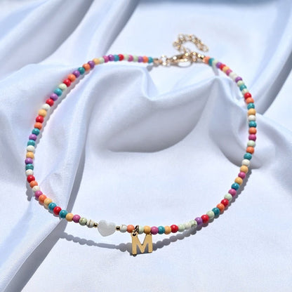 Colorful Beaded Initial Necklace with Heart Charm – Personalized Letter Pendant Jewelry for Women & Girls