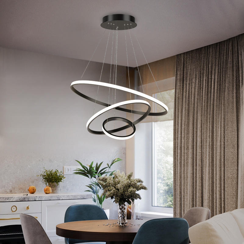 Triple-Ring LED Chandelier – Adjustable Dimmable Modern Ceiling Light – Black, Gold, White – 24x16x8 Inch Rings – Contemporary Hanging
