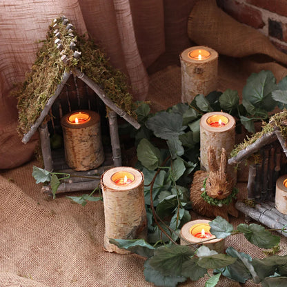 Natural Wood Tealight Holder Rustic Decorative Accent Glass Insert Candle Stand for Dining Table Living Room Mantle Home Decor Centerpiece
