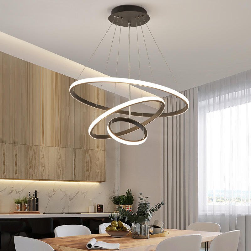 Triple-Ring LED Chandelier – Adjustable Dimmable Modern Ceiling Light – Black, Gold, White – 24x16x8 Inch Rings – Contemporary Hanging