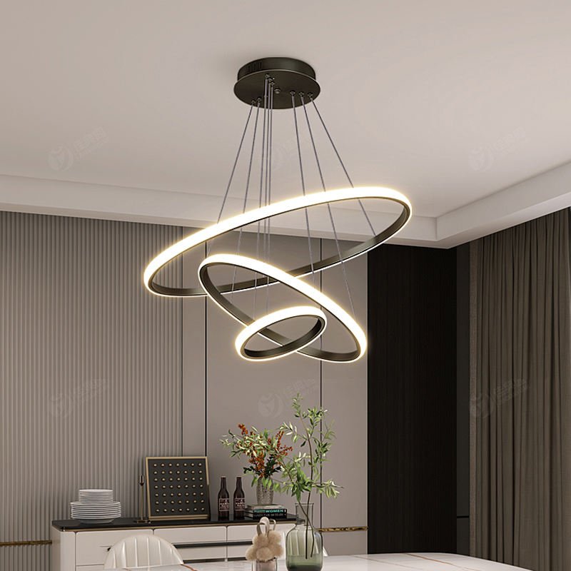 Triple-Ring LED Chandelier – Adjustable Dimmable Modern Ceiling Light – Black, Gold, White – 24x16x8 Inch Rings – Contemporary Hanging
