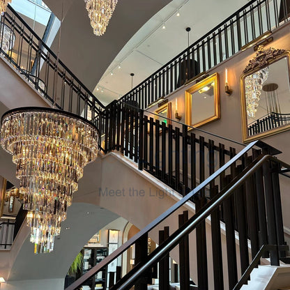 Spiral Crystal Chandelier Statement Ceiling Light Black Iron Glass Prism Layers for Dining Room Living Room Foyer Grand Staircase