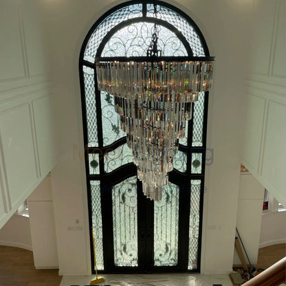 Spiral Crystal Chandelier Statement Ceiling Light Black Iron Glass Prism Layers for Dining Room Living Room Foyer Grand Staircase