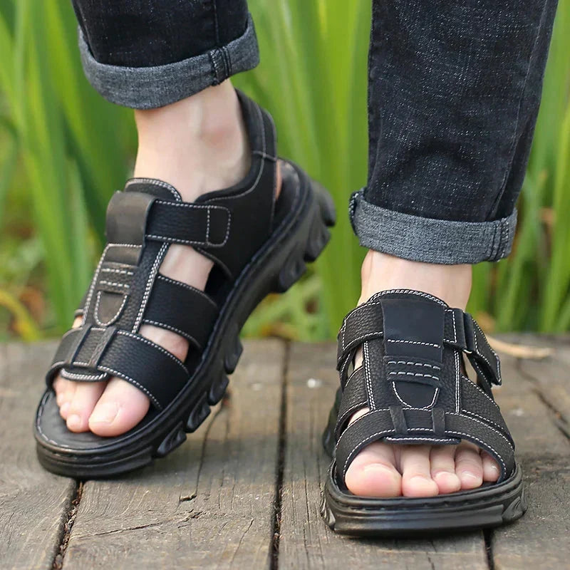 Men's Leather Sandals with Arch Support – Breathable Open-Toe Footbed for Walking & Summer Wear
