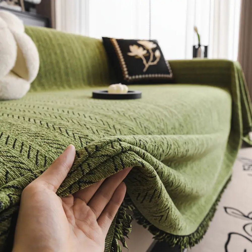 Textured Chenille Sofa Throw Cover with Tassels – Non-Slip Pet-Proof Furniture Protector for Couch