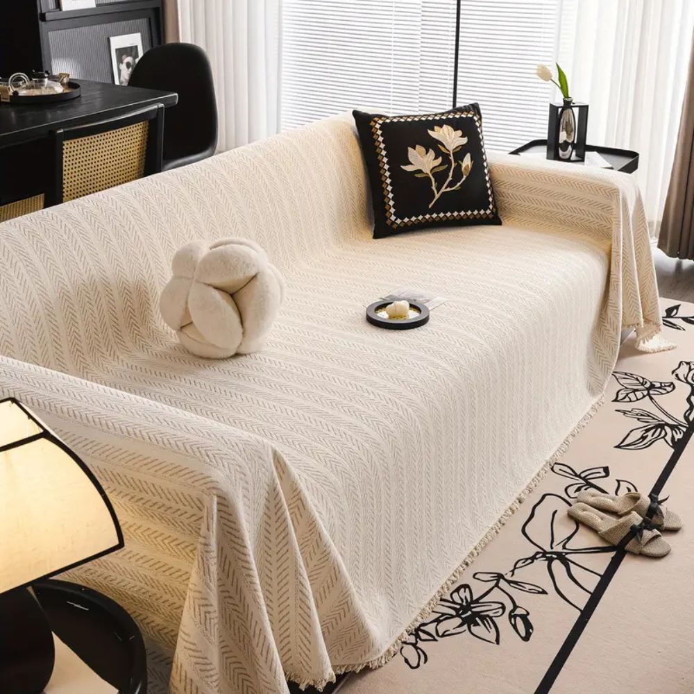 Textured Chenille Sofa Throw Cover with Tassels – Non-Slip Pet-Proof Furniture Protector for Couch