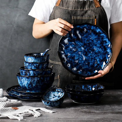 Ceramic Tableware Collection 10-Piece Set with Celestial Blue Pattern for Family Dinners Casual Dining Formal Entertaining Kitchen Essential