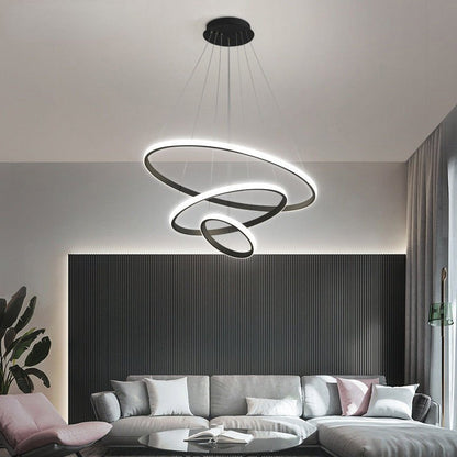 Triple-Ring LED Chandelier – Adjustable Dimmable Modern Ceiling Light – Black, Gold, White – 24x16x8 Inch Rings – Contemporary Hanging