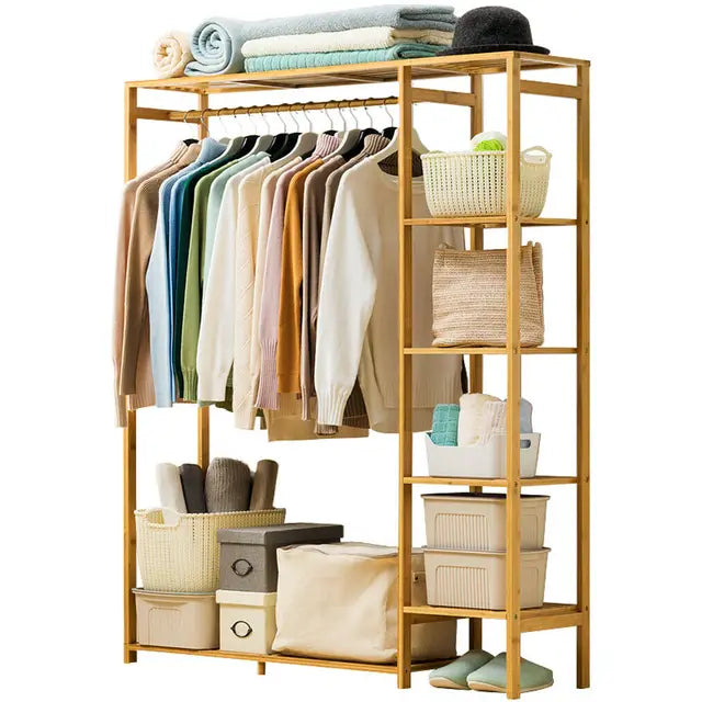 Freestanding Bamboo Garment Rack with Shelves 35 in Wide Natural Wood Finish Bedroom Closet Storage Organizer for Clothes Shoes Accessories