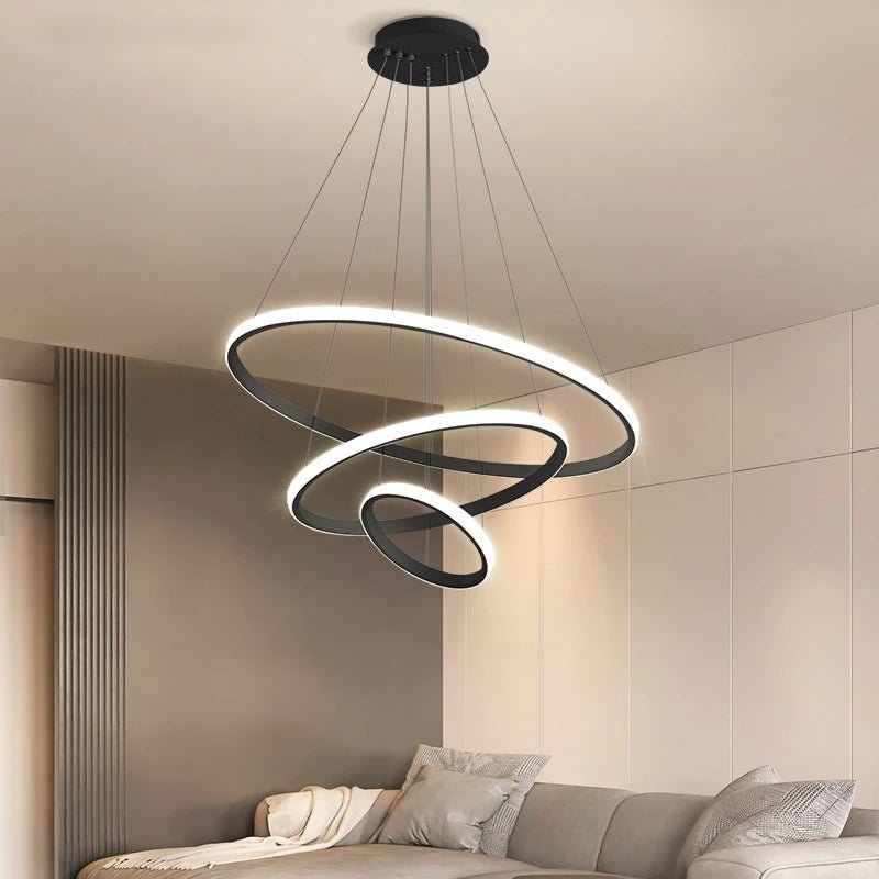 Triple-Ring LED Chandelier – Adjustable Dimmable Modern Ceiling Light – Black, Gold, White – 24x16x8 Inch Rings – Contemporary Hanging
