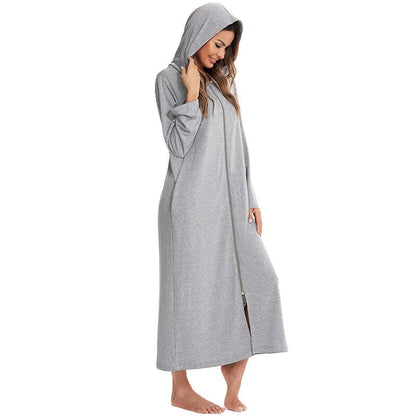 Zip-Front Hooded Bathrobe for Women – Soft Fleece Robe with Pockets & Full Zipper – Cozy Loungewear for Home, After Shower, Maternity