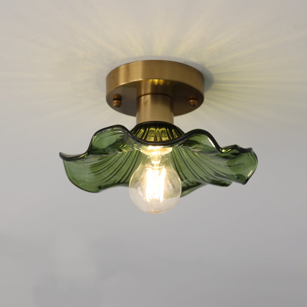 23-Inch Flush Mount LED Light Fixture Green Floral Glass Shade for Bedroom Hallway Low Ceiling Rooms Ambient Overhead Lighting