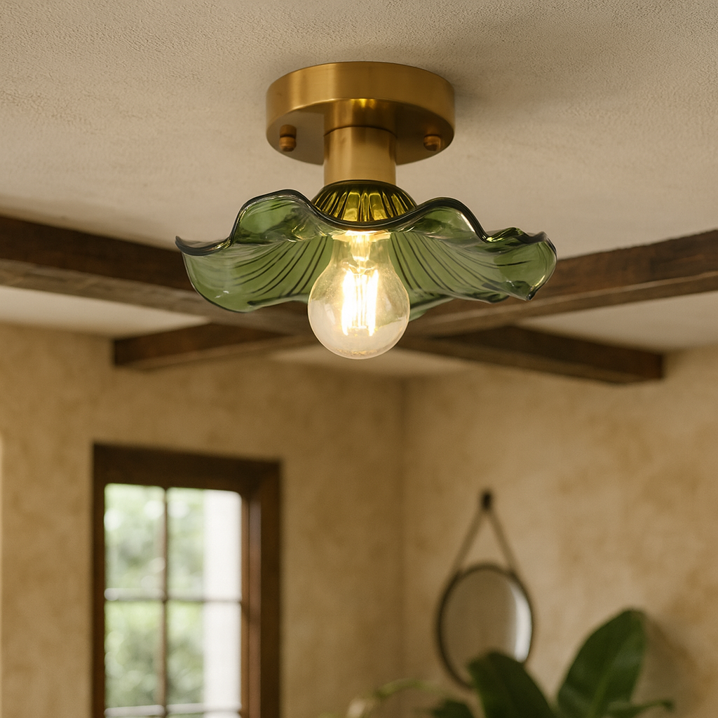 23-Inch Flush Mount LED Light Fixture Green Floral Glass Shade for Bedroom Hallway Low Ceiling Rooms Ambient Overhead Lighting